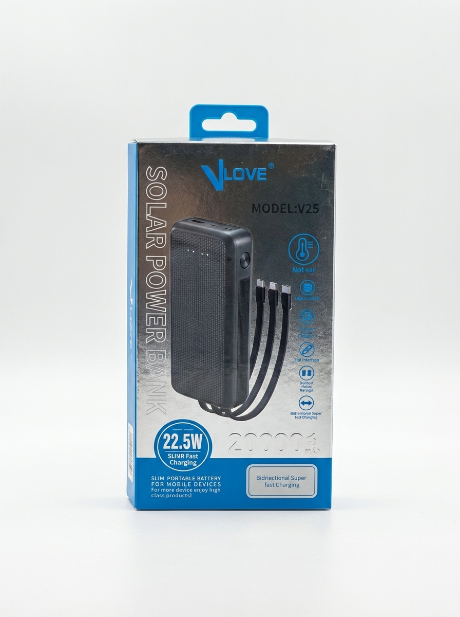 پاوربانک خورشیدی VLOVE مدل V25 ظرفیت 20000mAh با توان 22.5W