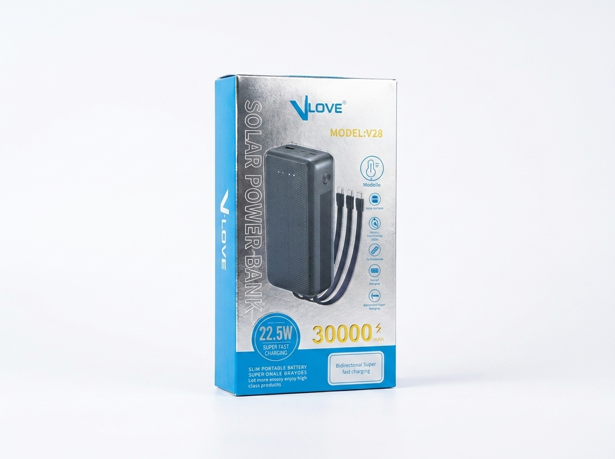 پاوربانک خورشیدی VLOVE مدل V28 ظرفیت 30000 میلی‌آمپرساعت (Solar + 22.5W)